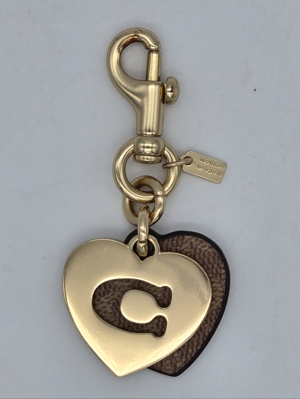 Coach Brown  Signature C Heart And Gold Charm Keychain